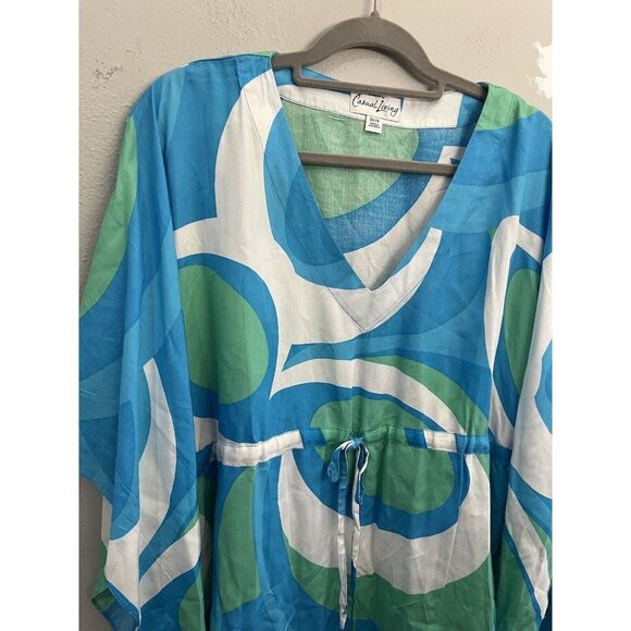 Casual Living Kimono Sleeve Tunic Shirt Women 0X/1X Blue And Green Coastal Wear - Picture 3 of 11